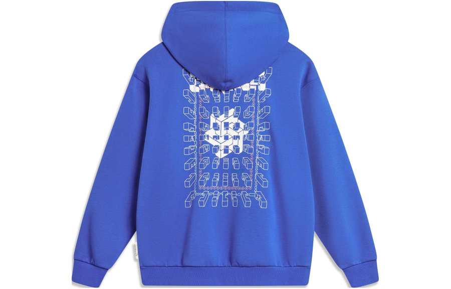 Li-Ning Li Ning Sports Trendy Collection Patterned Print Hooded Fleece Lined Loose Fit Pullover Sweatshirt Unisex Bright Blue