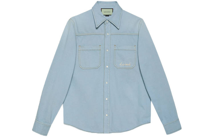 GUCCI Shirts Men's Blue Pointed Collar Moderate Denim