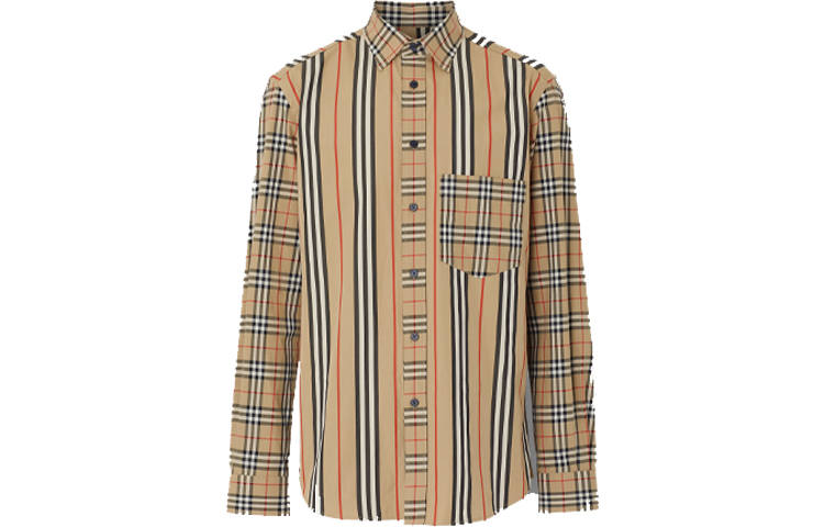 Burberry Men's Stripe Print Button-Up Long-Sleeve Shirt Beige
