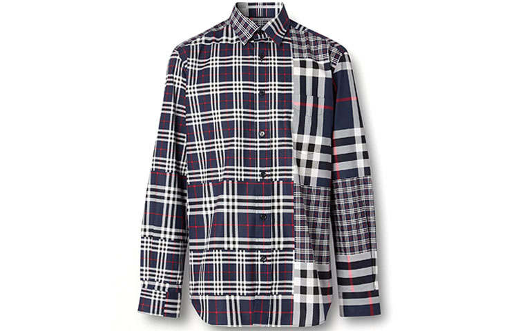 Burberry Check Spliced Square Collar Single-Breasted Shirt Dark Gray