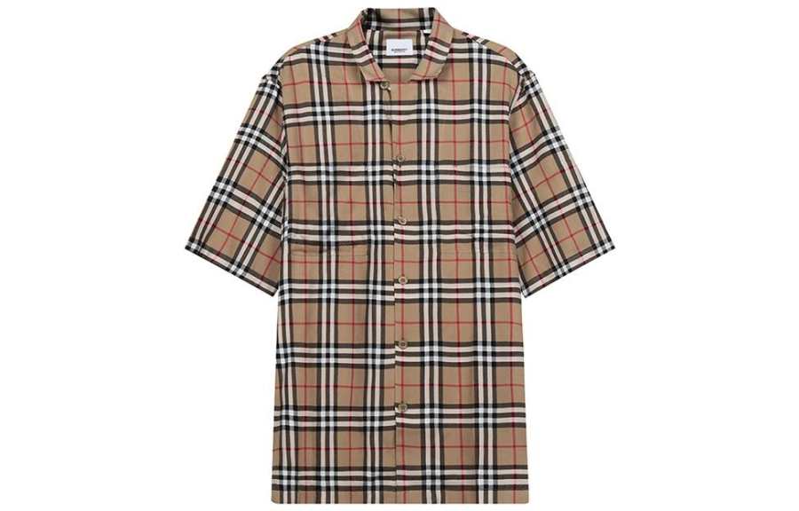 Burberry Mens Check Twill Single-Breasted Short Sleeve Shirt Beige