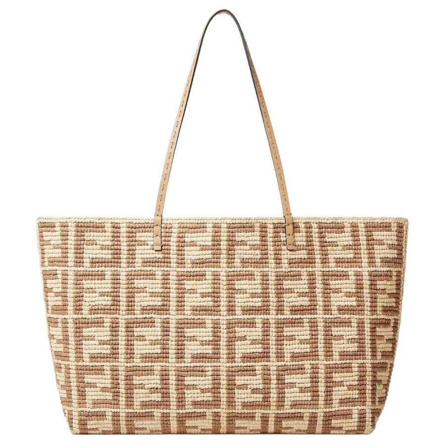 FENDI Roll Raffia Tote Bag, Shopping Bag, One Shoulder Handbag Large Women's Beige