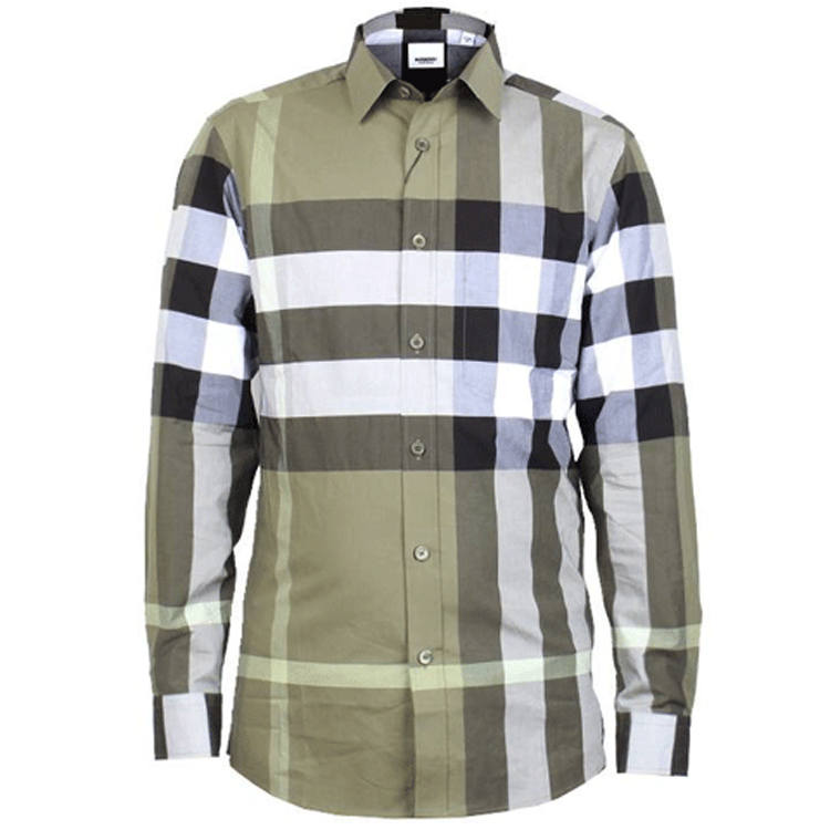Burberry Mens Check Collar Long-Sleeve Shirt Olive Green