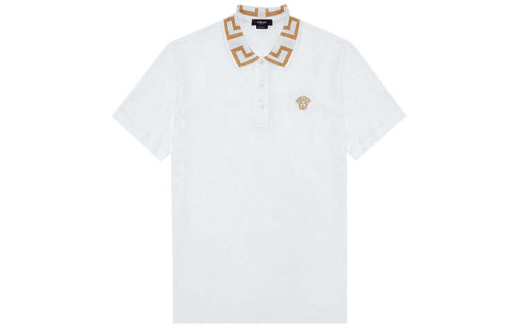 VERSACE SS21 Men Cotton Printed Short Sleeve Polo Shirt White
