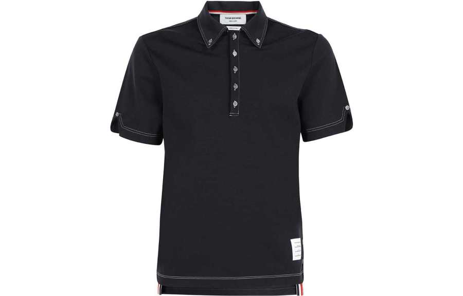 THOM BROWNE Polo Shirts Men's Dark Blue Polo Collar Moderate Straight Fit