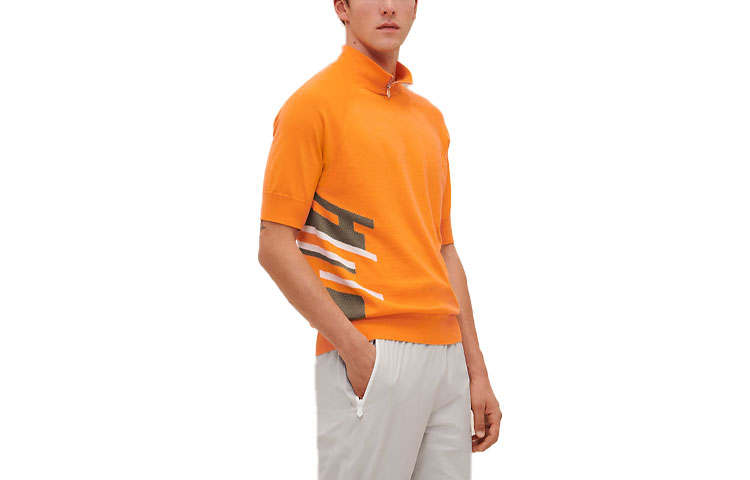 HERMES Polo Shirts Men's Orange Stand Collar Moderate