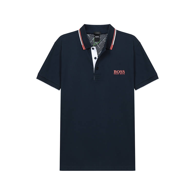 HUGO BOSS Short Sleeved Polo Shirt Men's Pink Text Marine Blue Base