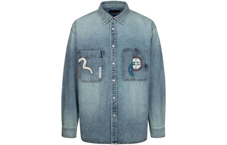 EVISU EVISU Shirts Men's Denim Blue Lapel Moderate Denim