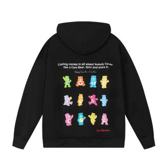 CAREBEARS Fun Cartoon Back Print Thickened And Fleece Lined Thermal Hooded Sweatshirt Unisex Black