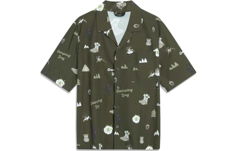 Li-Ning Li Ning CF Tracing Shirts Unisex Grape Leaf Green Cuban Collar Moderate Hawaii