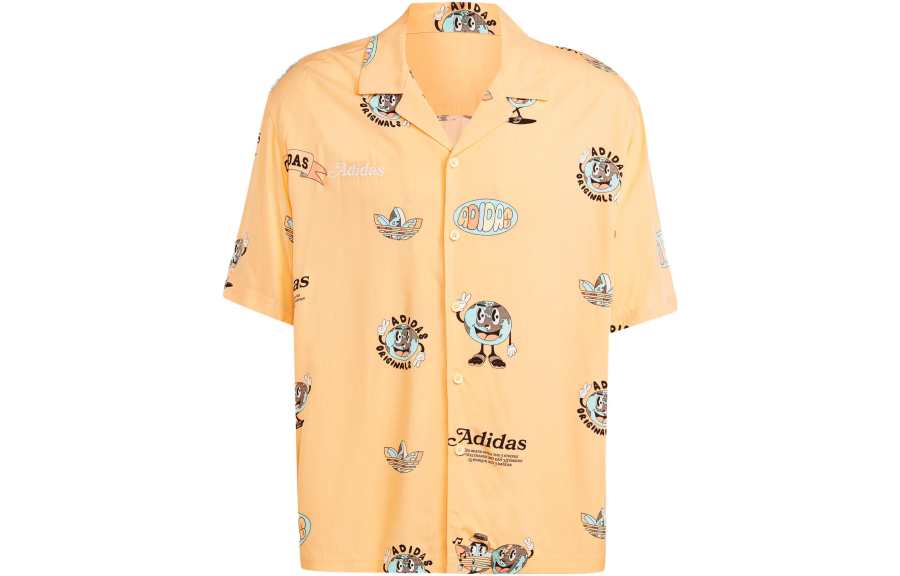Adidas Originals ENJOY RESORT Shirts Men's Acid Orange Yellow Cuban Collar Moderate Other