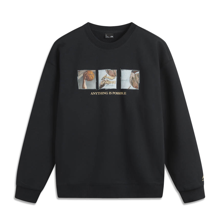 Li-Ning Li Ning Sports Fashion Collection Print Letter Crew Neck Comfortable Fleece Lined Breathable Sweatshirt Unisex Black