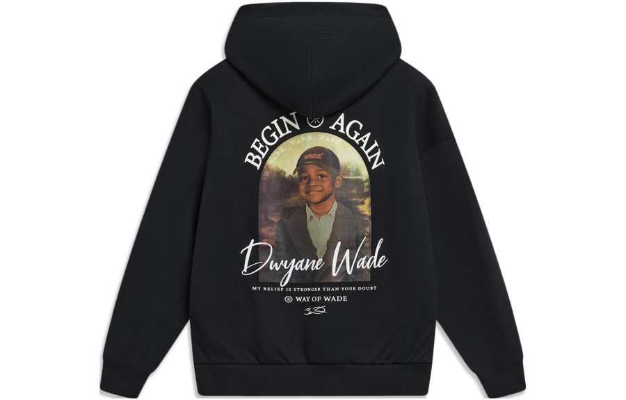 Li-Ning Li Ning Wade Collection, Photo Letter Print Hooded Fleece Lined Loose Fit Sweatshirt Unisex Black