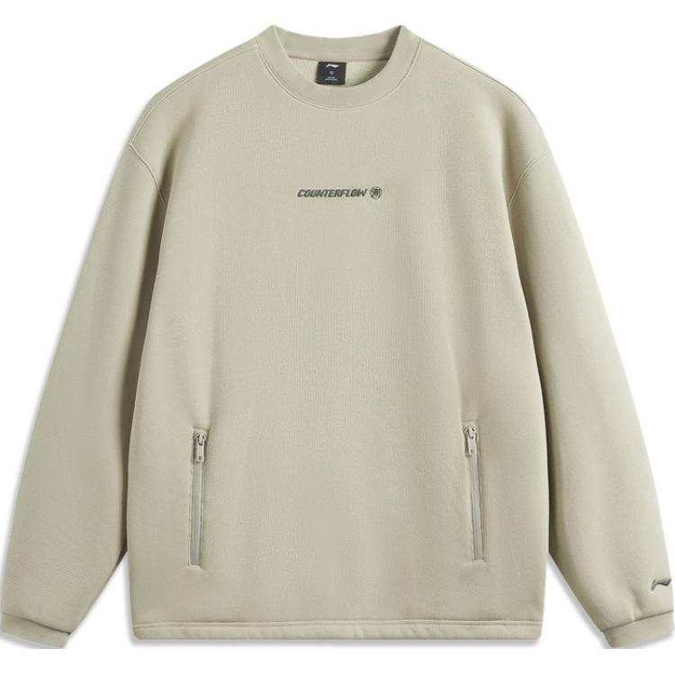 Li-Ning Li Ning Outdoor CF Tracing, Letter Crew Neck Long Sleeved Fleece Lined Thermal Sweatshirt Men's Limewash Gray