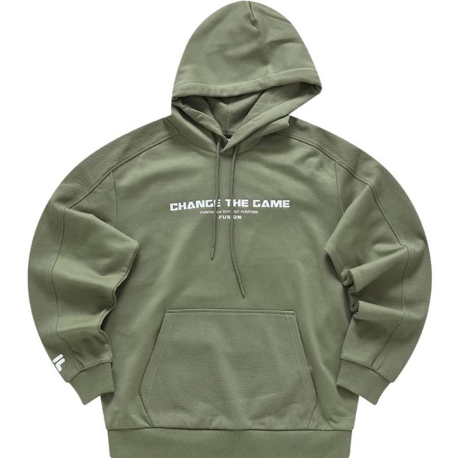 FILA FUSION URBAN TECH Knitted Fabric Hooded Basic Fleece Lined Athleisure Sweatshirt Men's Military Dark Green