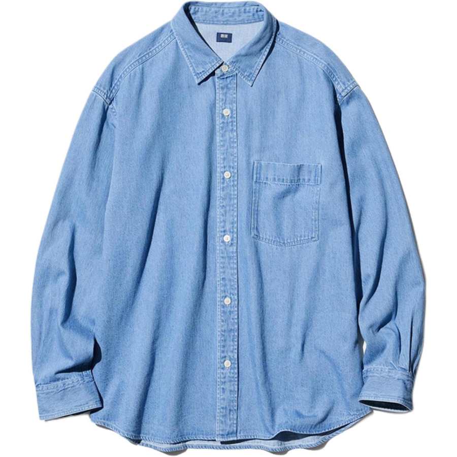 UNIQLO Shirts Men's Sky Blue Lapel Moderate Denim