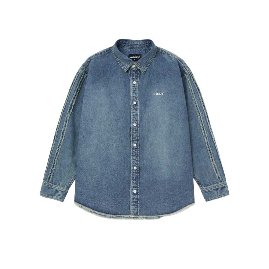 Nerdy Nerdy Shirts Unisex Blue Pointed Collar Moderate Denim