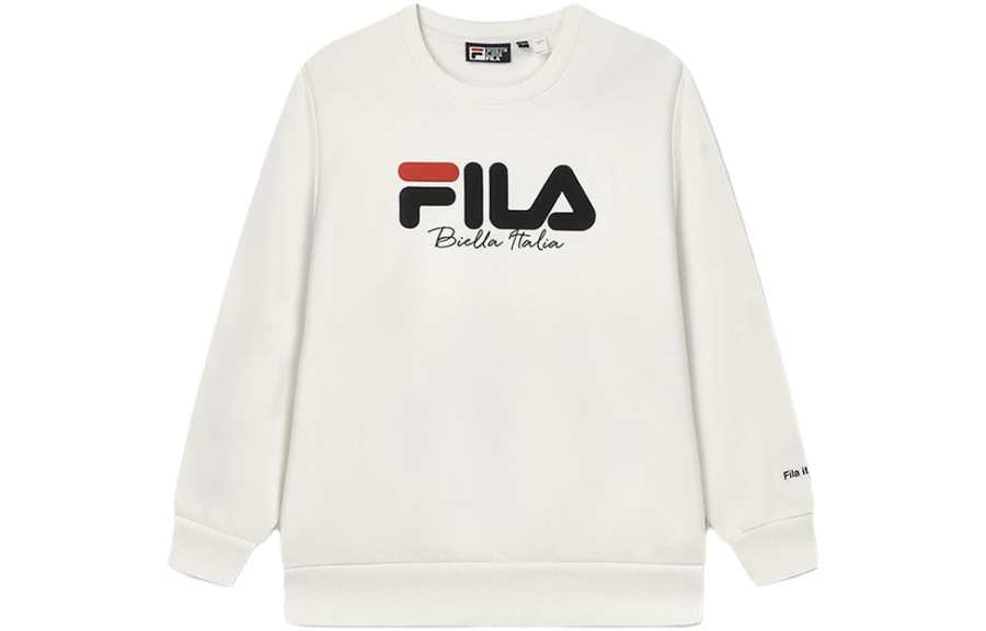 FILA Loose Fit Crew Neck Casual Sports Fashion Thermal Fleece Lined American Sweatshirt Unisex Latex White