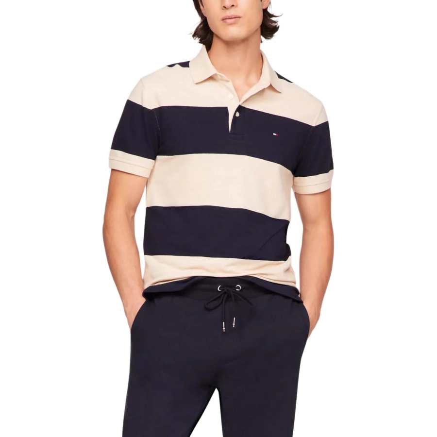 Tommy Hilfiger Polo Shirt Men's Khaki Navy Blue Stripes