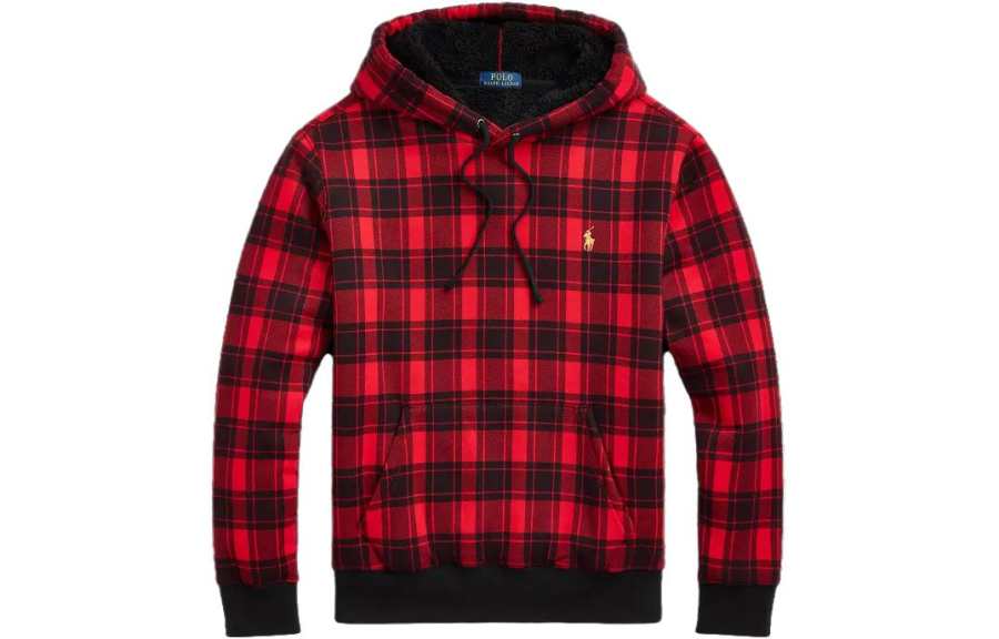 Polo Ralph Lauren Plaid Pile Fleece Hoodie Sweatshirt Men's Red