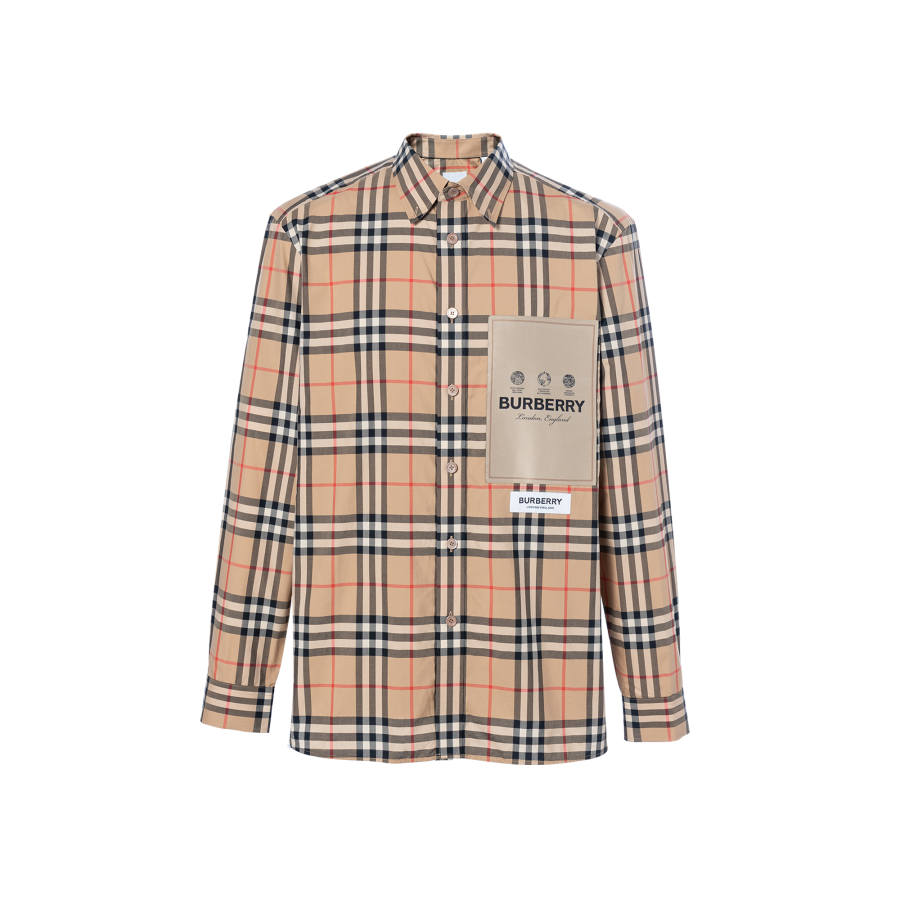 Burberry Men Label Applique Check Cotton Poplin Shirt Archive Beige