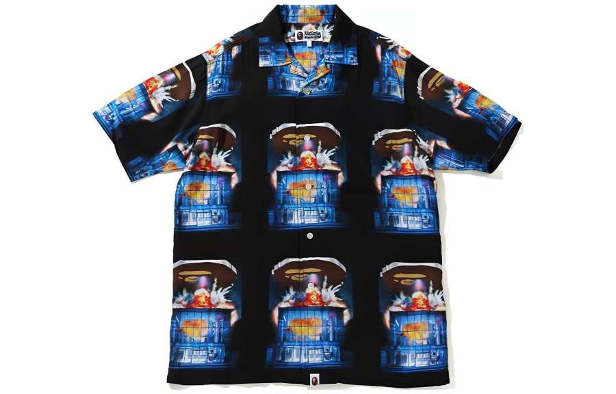 A BATHING APE Bape Invasion Rayon Open Collar Tee
