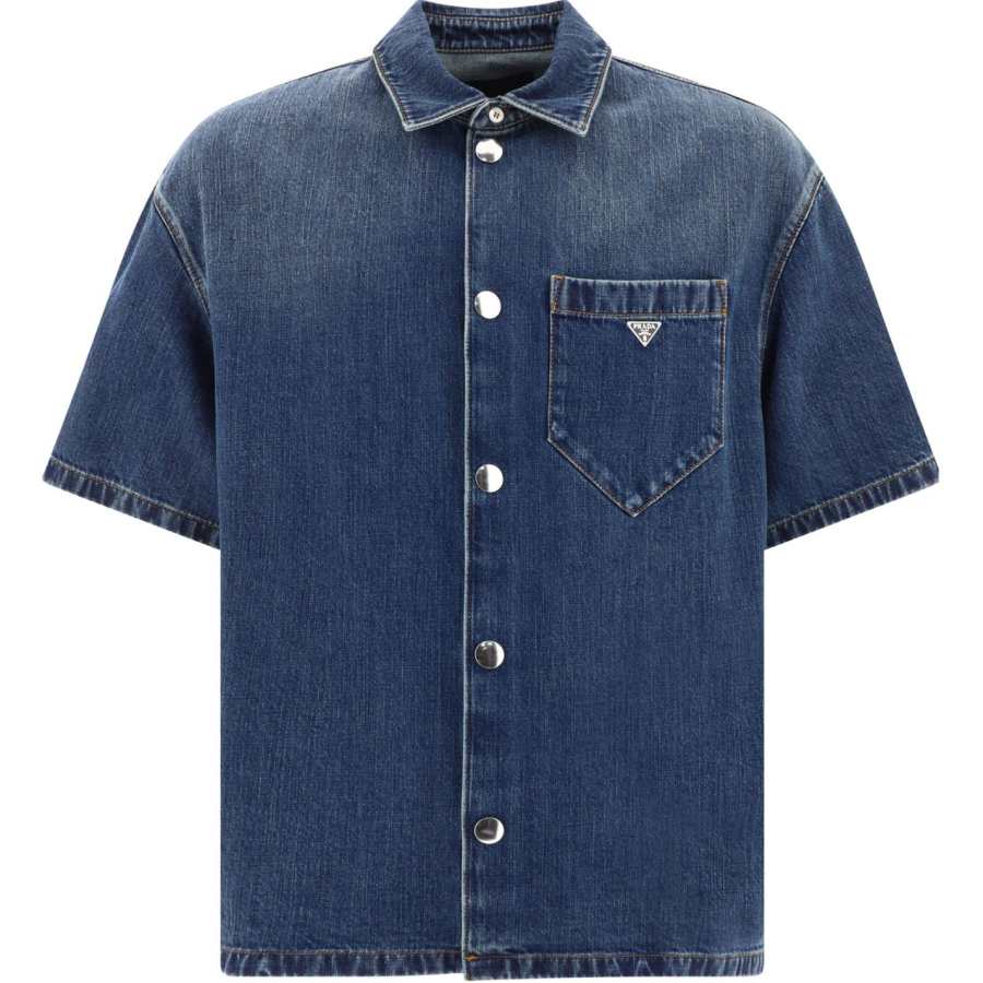 PRADA PRADA Shirts Men's Marine Blue Lapel Moderate Denim