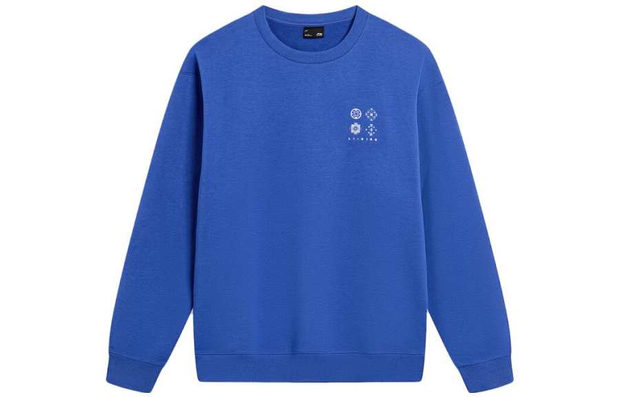 Li-Ning Li Ning Sports Trendy Collection Solid Color Fleece Lined Thermal Loose Fit Pullover Sweatshirt Men's Bright Blue