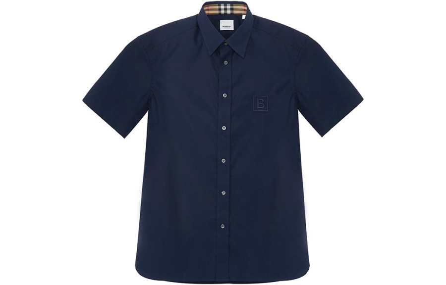 Burberry FW22 Men's Logo Embroidered Button-Up Short-Sleeve Shirt Navy