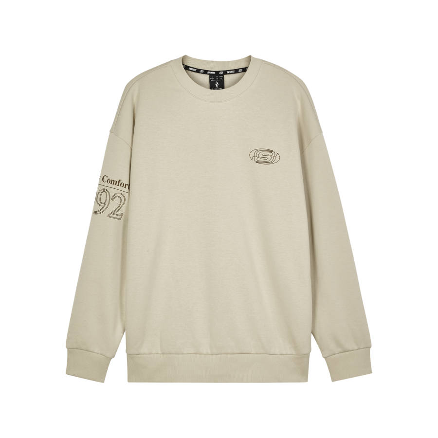 Skechers Fleece Lined Retro Sports Loose Fit Crew Neck Sweatshirt Unisex Khaki
