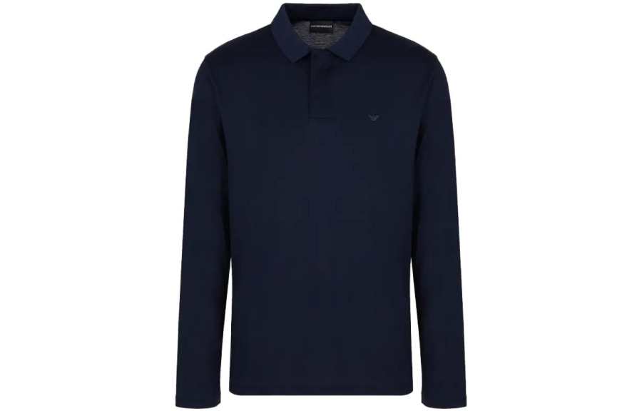 EMPORIO ARMANI Solid Dark Fly Long Sleeve Polo Shirt Men's Blue
