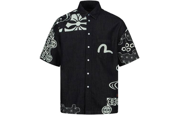 EVISU Shirts Men's Navy Blue All Over Print Crew Neck Moderate Other