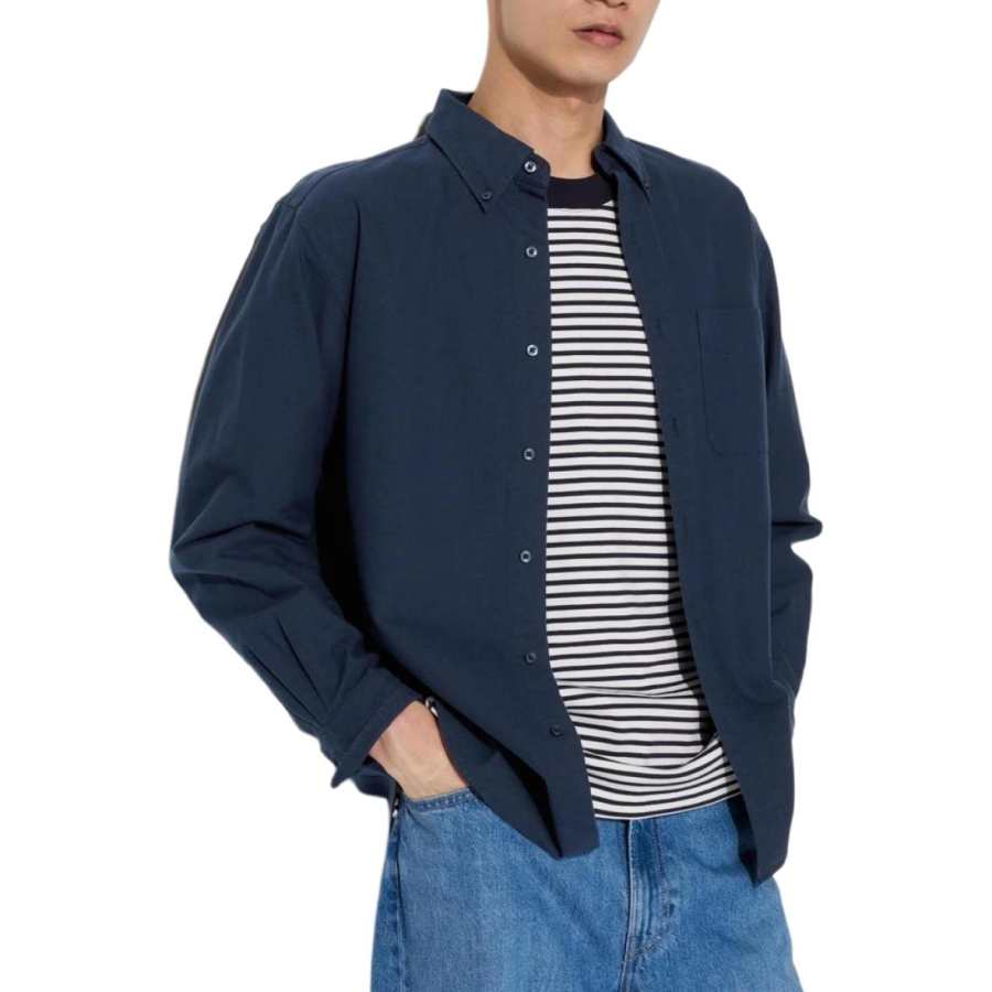 UNIQLO Shirts Unisex Navy Blue Lapel Moderate