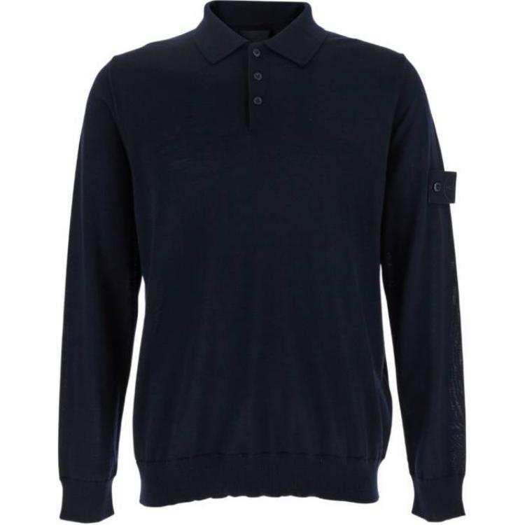 STONE ISLAND Logo Patch Long Sleeved Polo Shirt