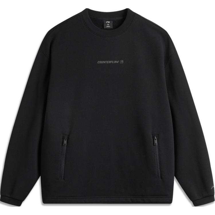 Li-Ning Li Ning Outdoor CF Tracing, Letter Crew Neck Long Sleeved Fleece Lined Thermal Sweatshirt Men's Black
