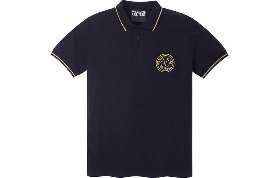 VERSACE JEANS COUTURE SS23 Men Letter Logo Printed Striped Trim Short-Sleeve Polo Shirt Black