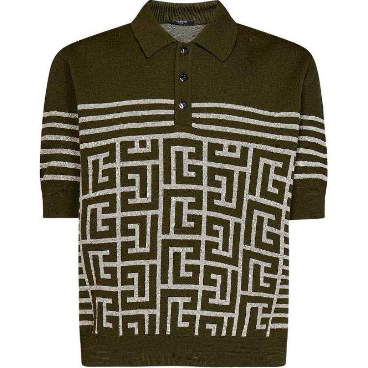 BALMAIN Polo Shirts Men's Green Polo Collar Moderate Straight Fit