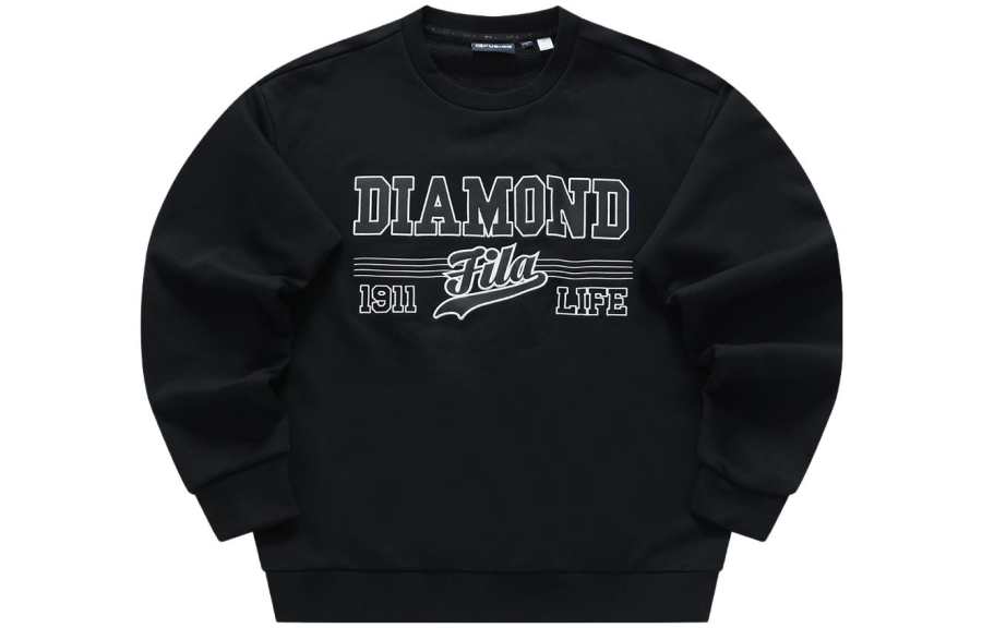 FILA FUSION Letter Print Loose Fit Pullover Sports Fleece Lined Sweatshirt Men's Pitch Black