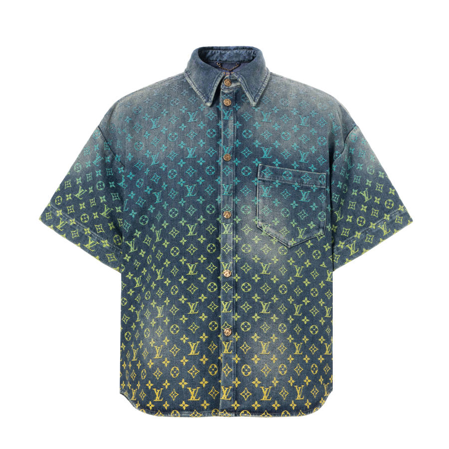 LOUIS VUITTON SS23 Rainbow Monogram Short-Sleeve Denim Shirt Indigo Blue