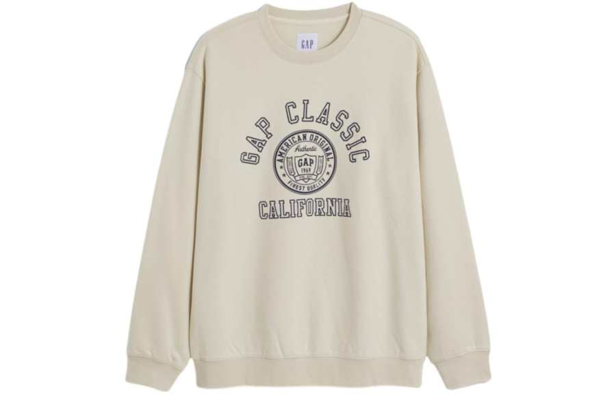 GAP FW23 Letter Print Fleece Lined Crew Neck Pullover Long Sleeved Sweatshirt Unisex Beige