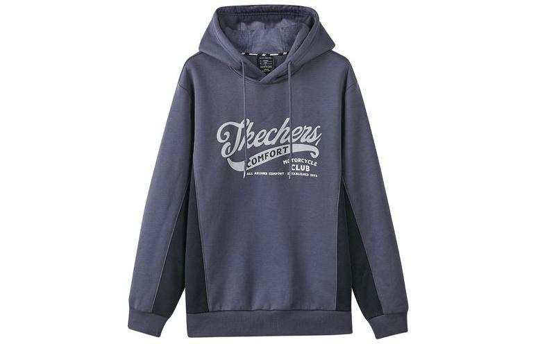 Skechers Colorful Patchwork Letter Hooded Pullover Fleece Lined Sweatshirt Men's Odyssey Gray