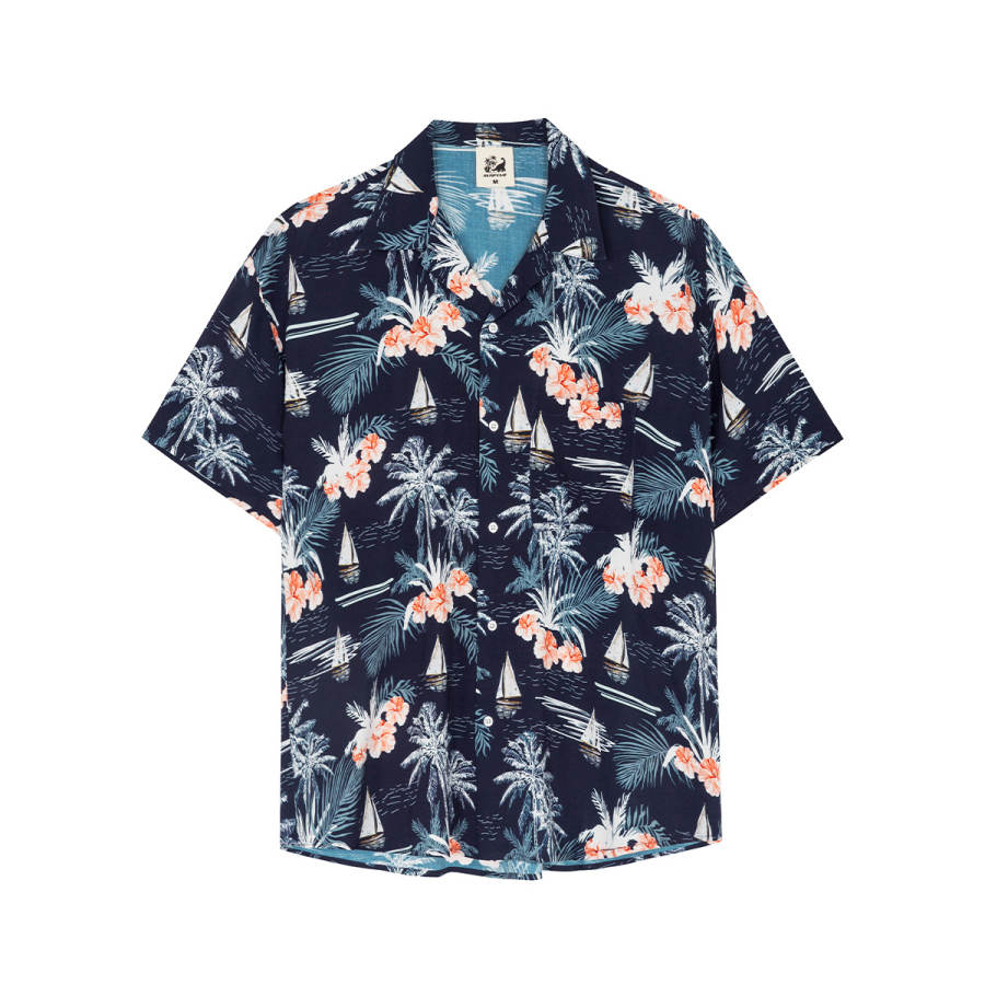 SURFCUZ Shirts Men's Navy Blue Lapel Moderate Hawaii