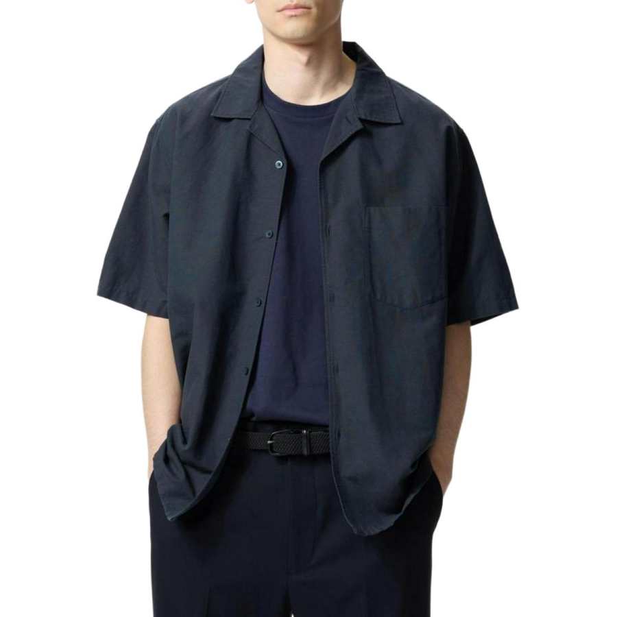 UNIQLO Shirts Unisex Navy Blue Half Open Collar Thin