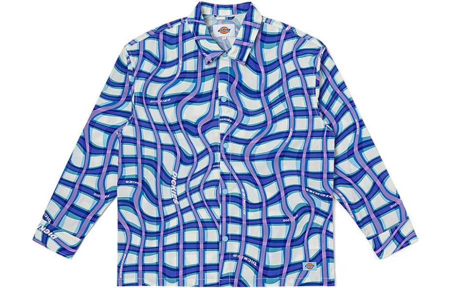 Dickies Shirts Unisex Sky Blue Wave Plaid Pointed Collar Moderate Shirt