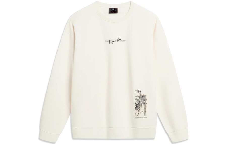 Li-Ning Li Ning Wade Collection, Letter Print Fleece Lined Thermal Loose Fit Pullover Sweatshirt Unisex Mixed Color Ecru