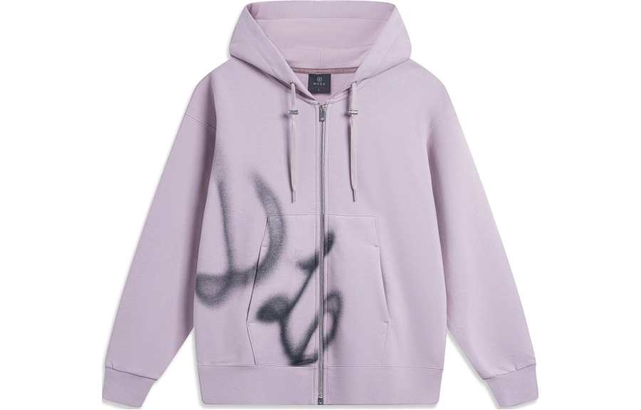 Li-Ning Li Ning Wade Collection Letter Print Fleece Lined Thermal Loose Fit Cardigan Hooded Sweatshirt Unisex Ink Gray Purple