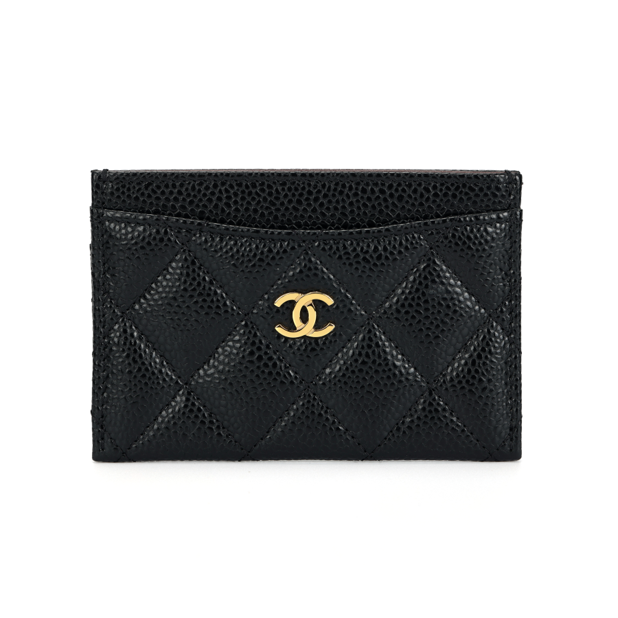 CHANEL Litchi Grain Cow Leather Card Holder Women's Black