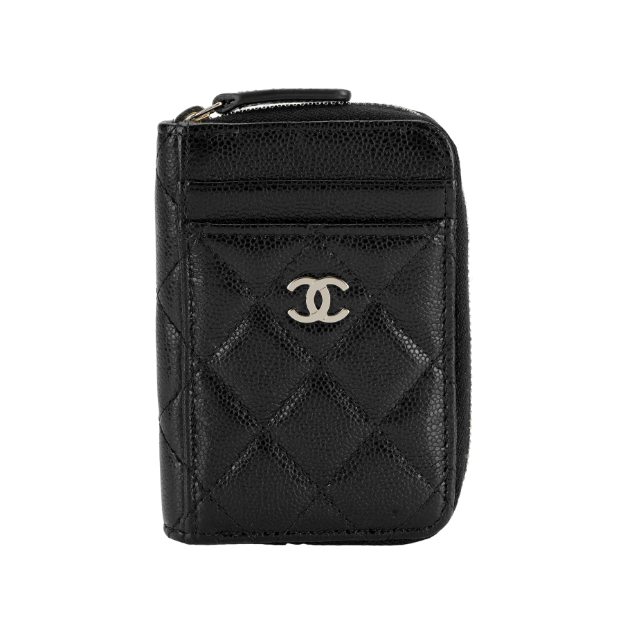 CHANEL Grain Embossed Shiny Caviar Calfskin With Gold Metal Coin Purse, Card Holder Women's Black