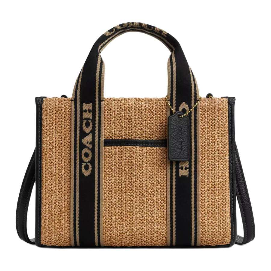 COACH Smith Straw With Leather Tote Bag, Shopping Bag, Shoulder Bag, Handbag Medium Women's Khaki & Black