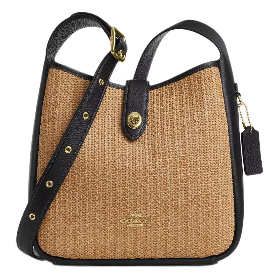 COACH Hadley Straw With Leather Shoulder Bag, Crossbody Bag Medium Women's Khaki & Black